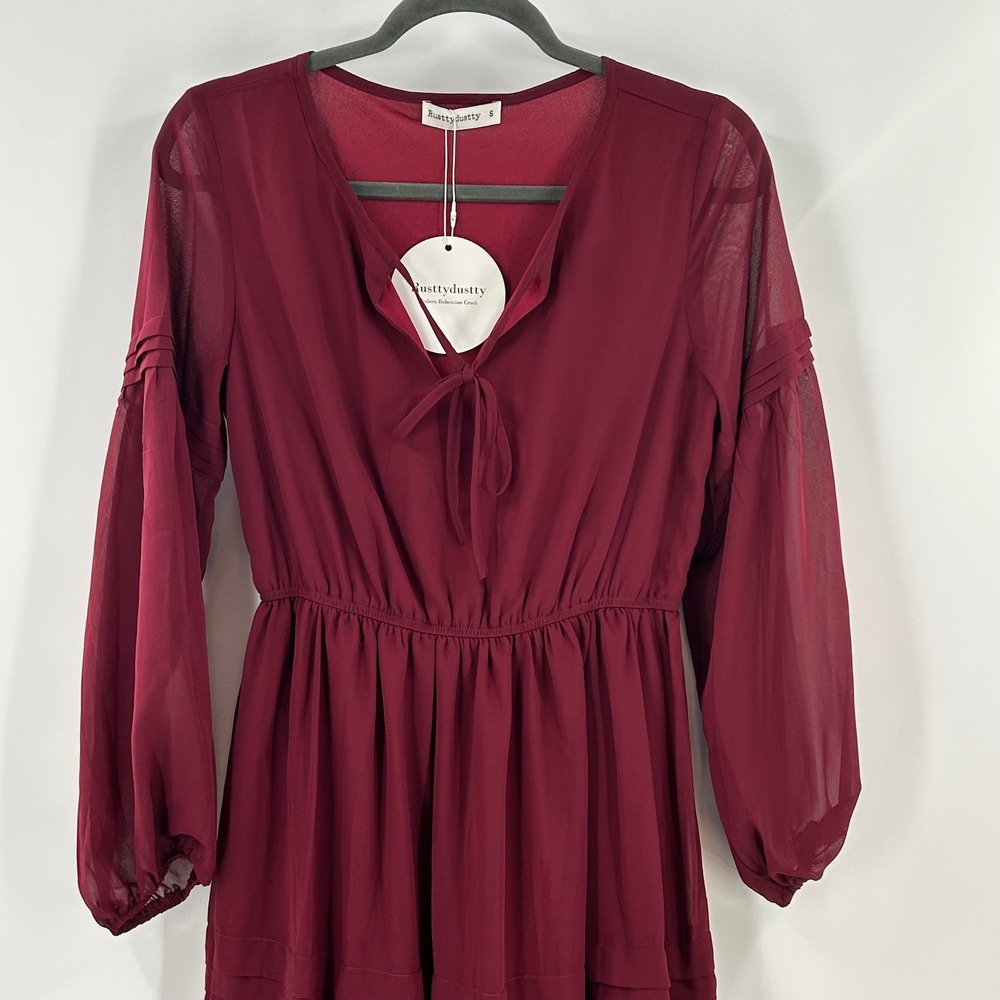 Rusttydustty Burgundy Boho Tiered Midi Dress Long Sheer Sleeve Wine Red Small